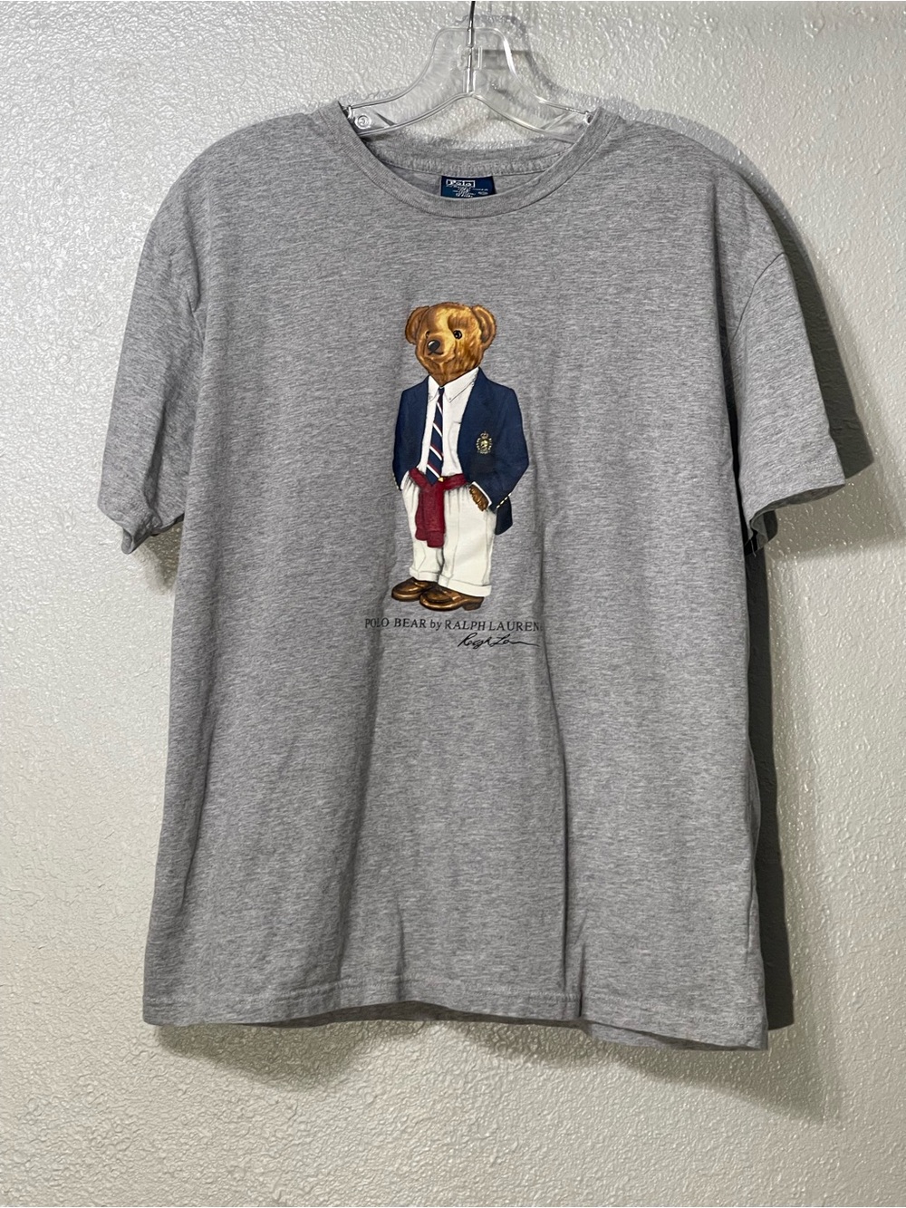 Ralph Lauren Vintage Grey Polo Bear Graphic Tee with Navy Blazer Print - Size M